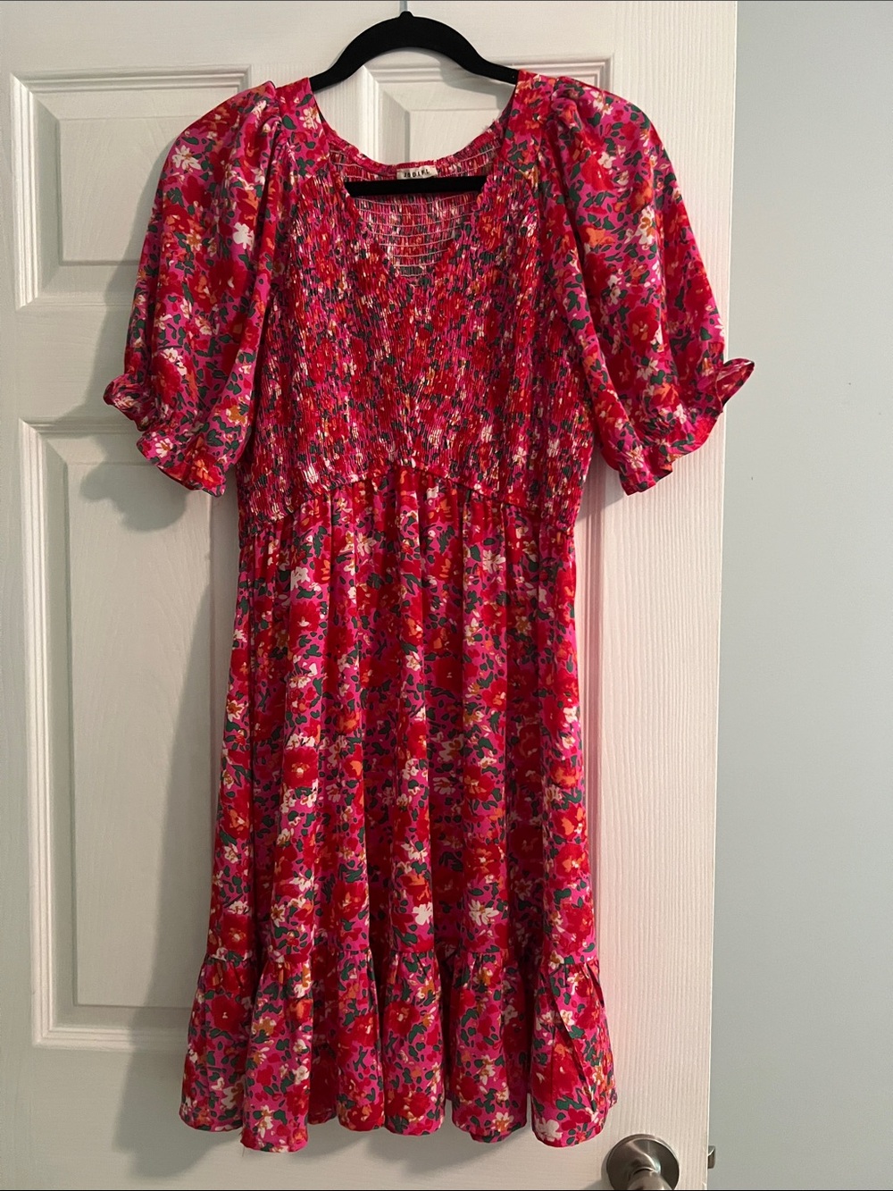 JODIFL Pink Floral Smocked Puff Sleeve Dress